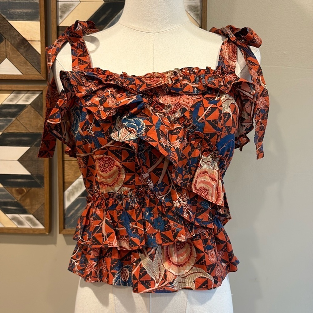 Ulla Johnson Cleo Tree of Life Ruffle Tie-Strap Tank Top 0